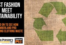 brown canvas with a green recycling symbol (arrows pointing to each other in a triangle) with the words on the right side Fast Fashion Meet Sustainability Read On To See How Timberland Pro is Fighting Clothing Waste The Working Person's logo on the bottom next to Timberland Pro Logo