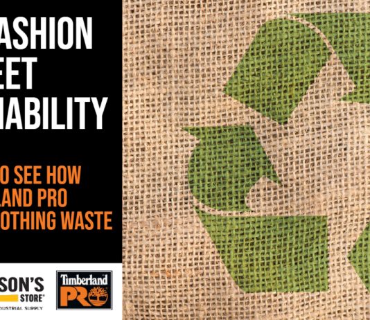 brown canvas with a green recycling symbol (arrows pointing to each other in a triangle) with the words on the right side Fast Fashion Meet Sustainability Read On To See How Timberland Pro is Fighting Clothing Waste The Working Person's logo on the bottom next to Timberland Pro Logo