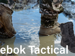 person walking through muddy water wearing tactical boots and camo pants