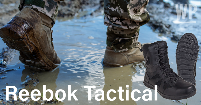 person walking through muddy water wearing tactical boots and camo pants